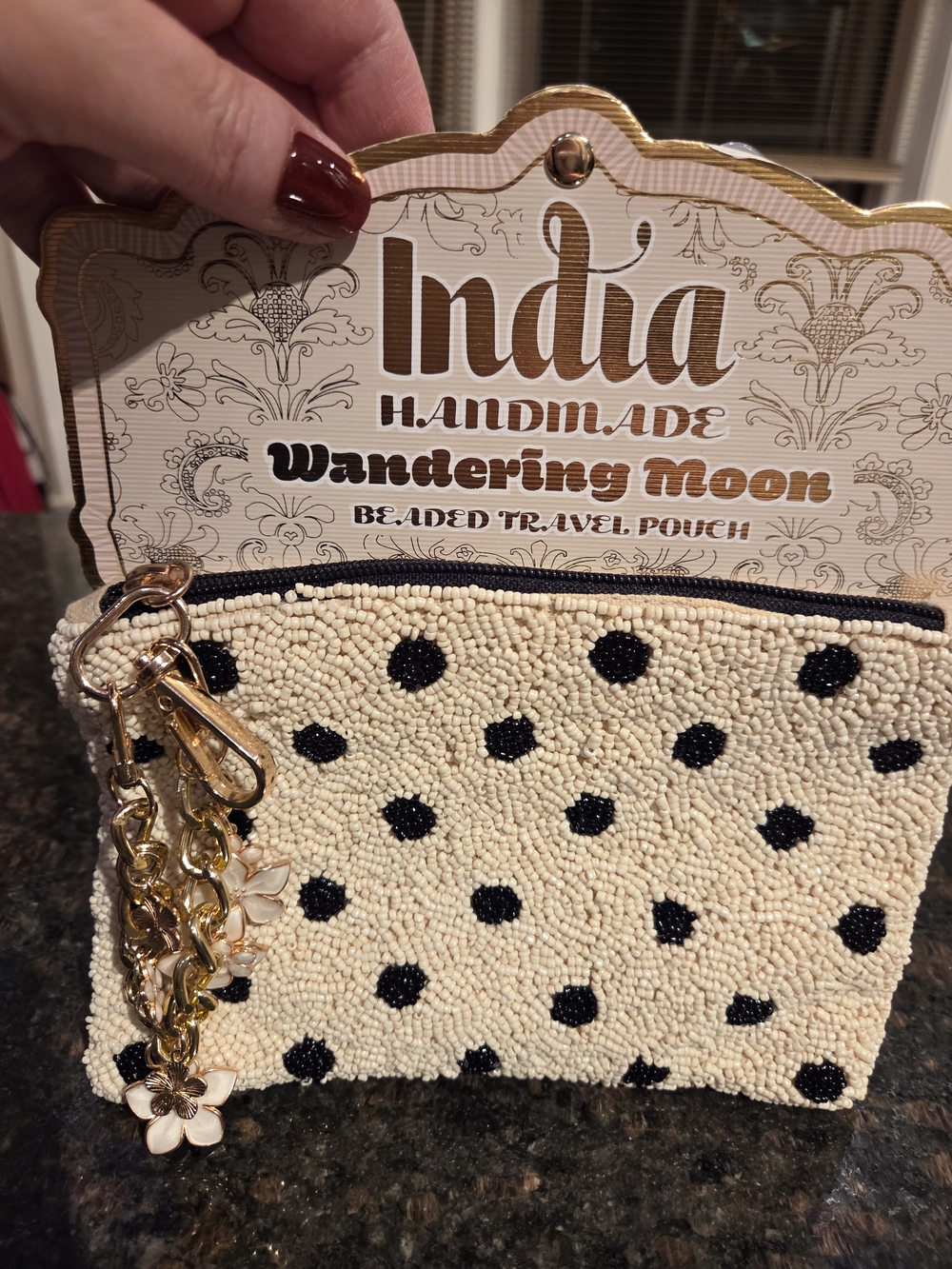 Cream Beaded Polka Dot Wristlet with Goldtone Floral Chain